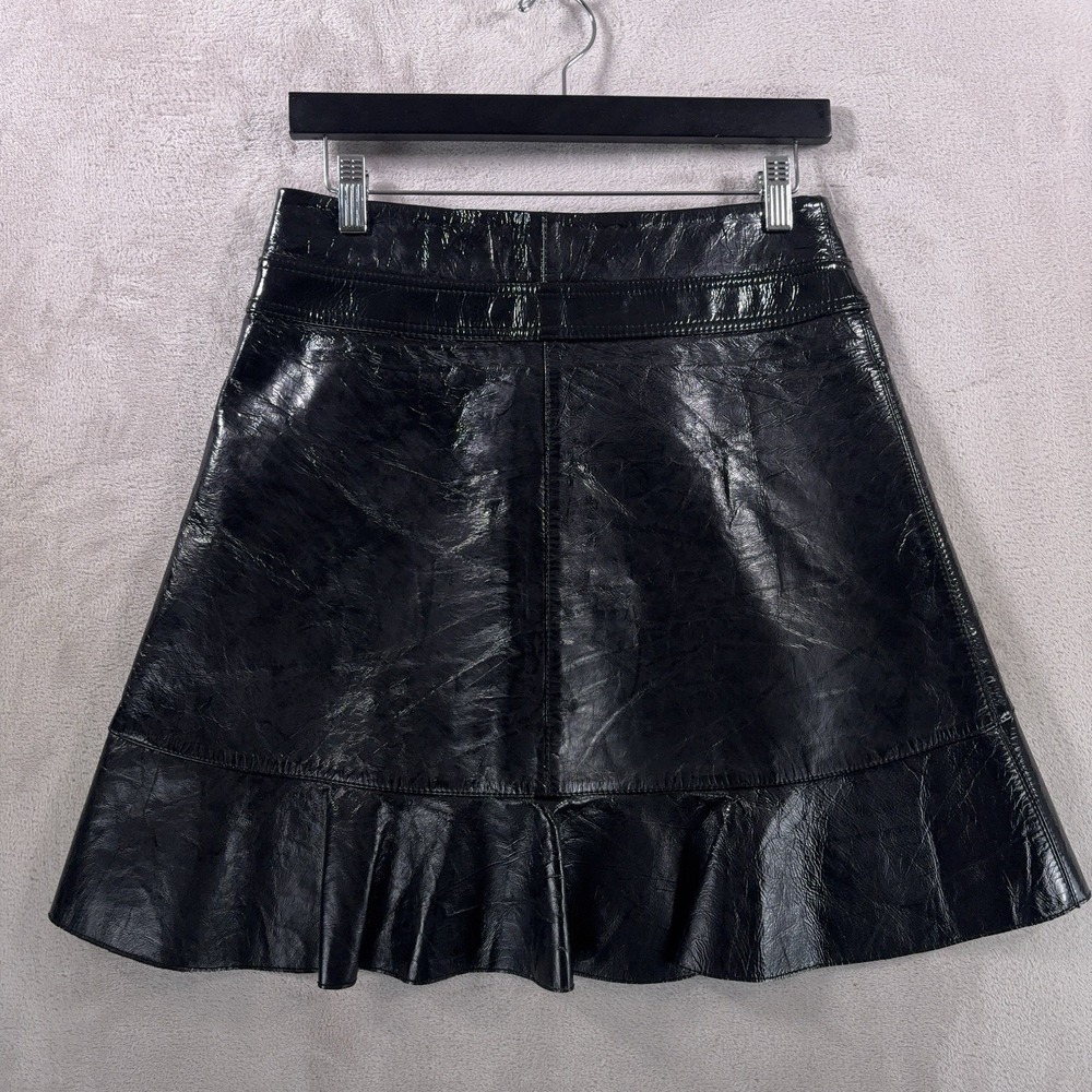 Maje Vinyle Lamb Leather Skirt Womens 40 Black Ruffle Tie Waist Mini